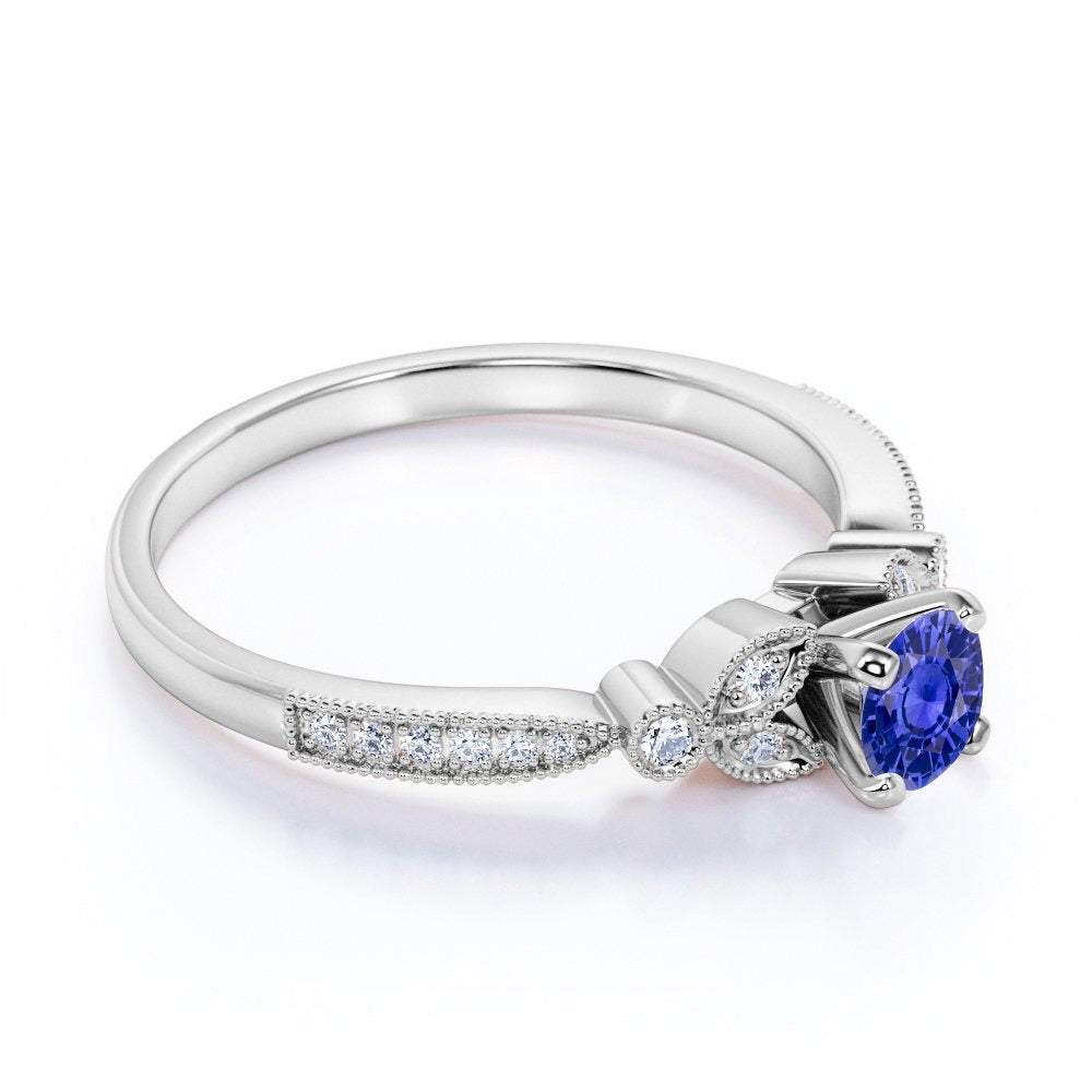 1.25 Ct - round Natural Blue Sapphire Ring - September Birthstone - Vintage Enga