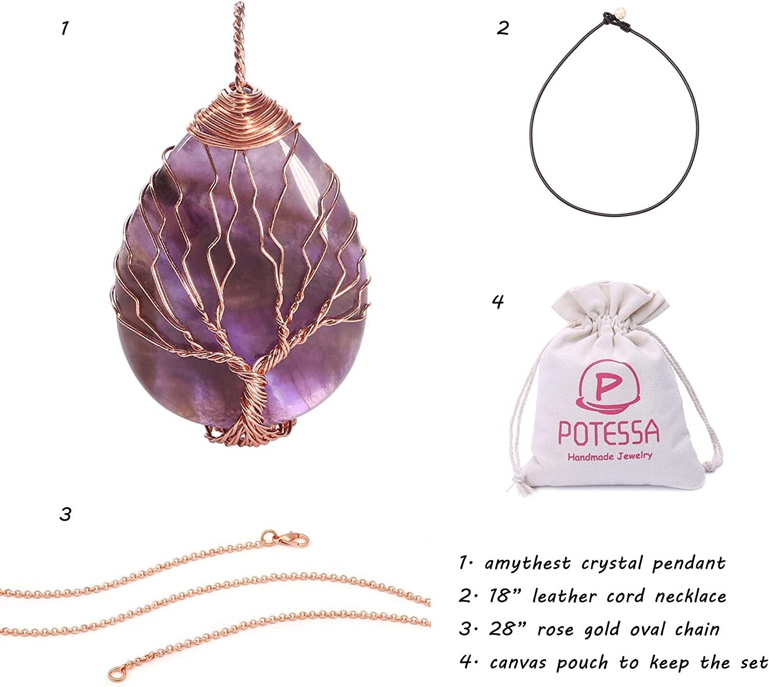 Tree of Life Teardrop Heart Amethyst Opal Pendant Necklace Copper Wire Wrapped G