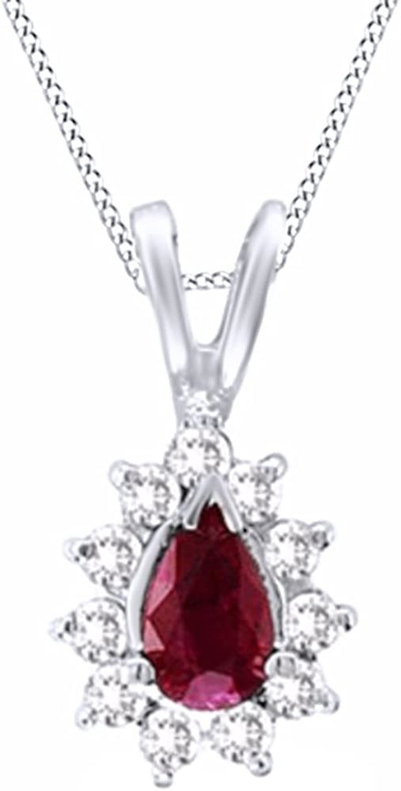 Pear Simulated Ruby & Natural Diamond Sunburst Frame Pendant 14K Solid Gold