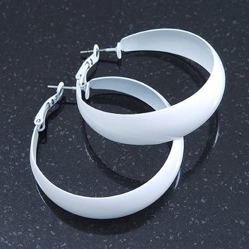 Wide Medium White Enamel Hoop Earrings - 40Mm Diameter