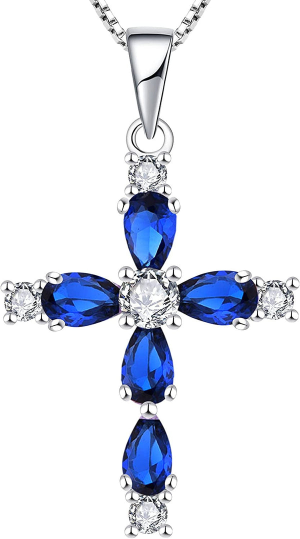 YL Gemstone Cross Necklace 925 Sterling Silver Created Sapphire/Ruby/Emerald/Ame