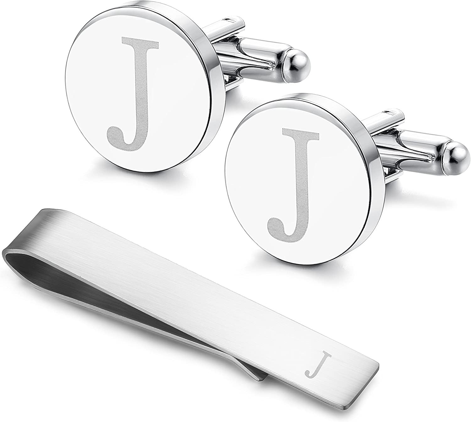 Stainless Steel Engraved Initial Cufflinks and Tie Clip Bar Set Alphabet Letter