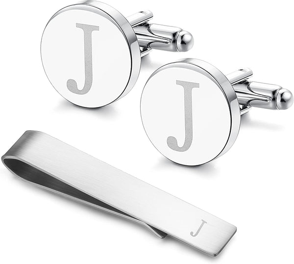 Stainless Steel Engraved Initial Cufflinks and Tie Clip Bar Set Alphabet Letter