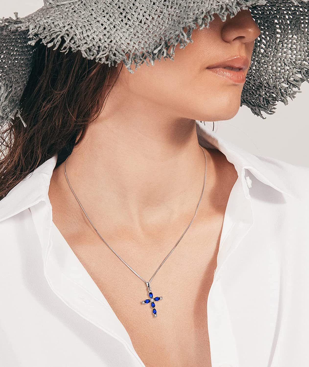 YL Gemstone Cross Necklace 925 Sterling Silver Created Sapphire/Ruby/Emerald/Ame