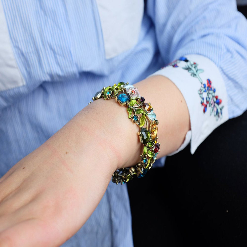 Vintage Flower Bracelet Bangle Crystal Beads Hand-Painted Antique Gold - Multi