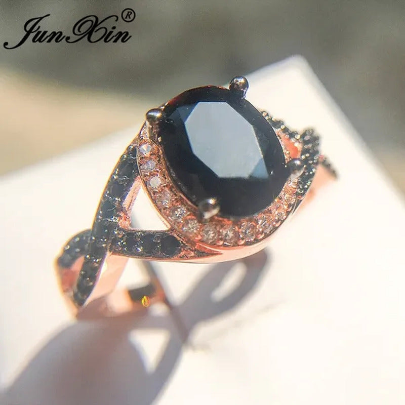 Exquisite Rose Gold Plated Large Oval Stone X Ring Women Filled Black Zircon Cry