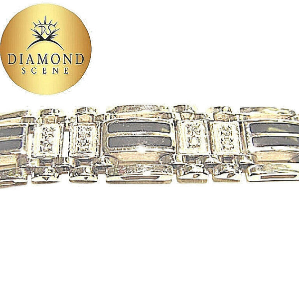 .97 CT DIAMOND ROUND BR SHAPE MENS BRACELET PRONG SET ONYX WHITE GOLD LINK 14 K