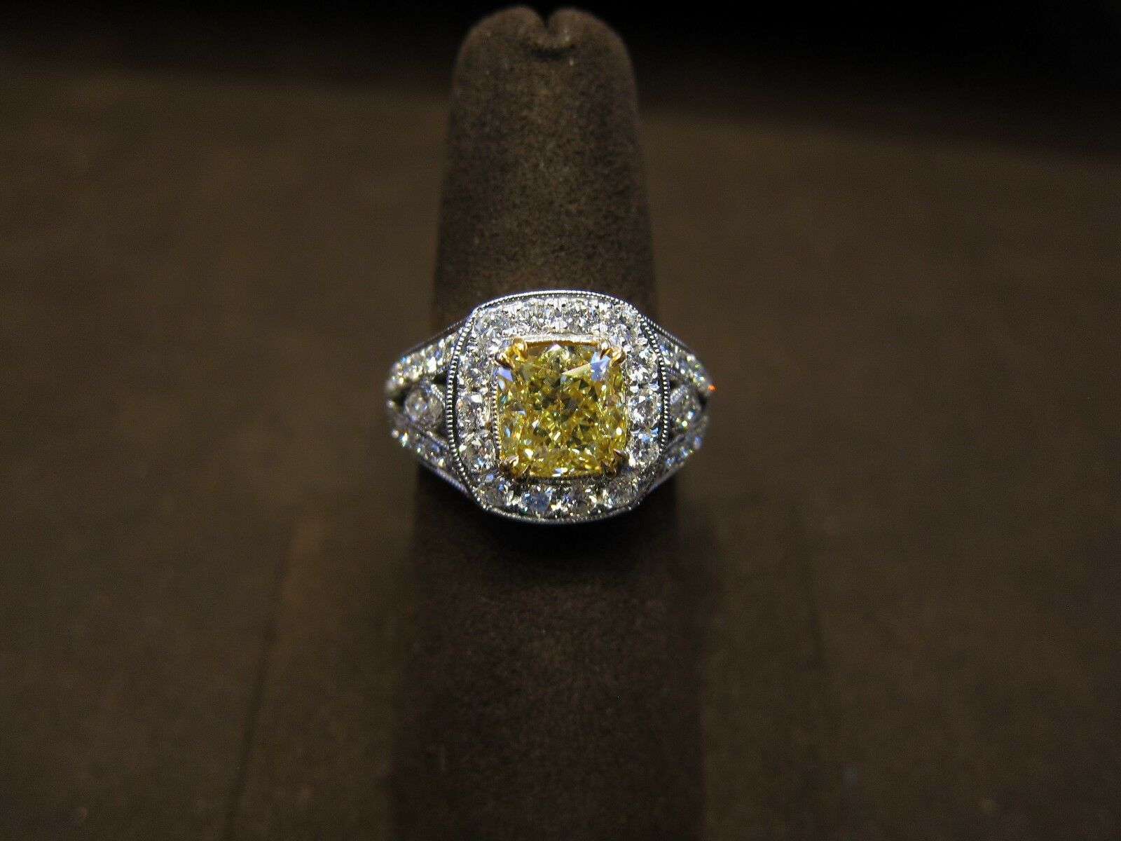 GIA CERTIFIED FANCY YELLOW DIAMOND CUSHION SHAPE DIAMOND ENGAGEMENT RING
