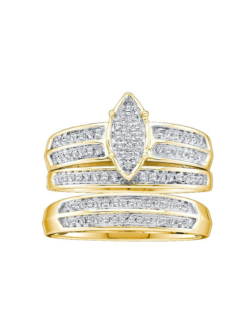 Sizes - L = 8, M = 8 - 10K Yellow Gold Trio His & Hers round Diamond Cluster Mat
