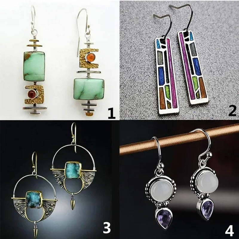 1 Pair Antique 925 Sterling Silver Pendant Earrings Natural Gemstone Inlay Dangl