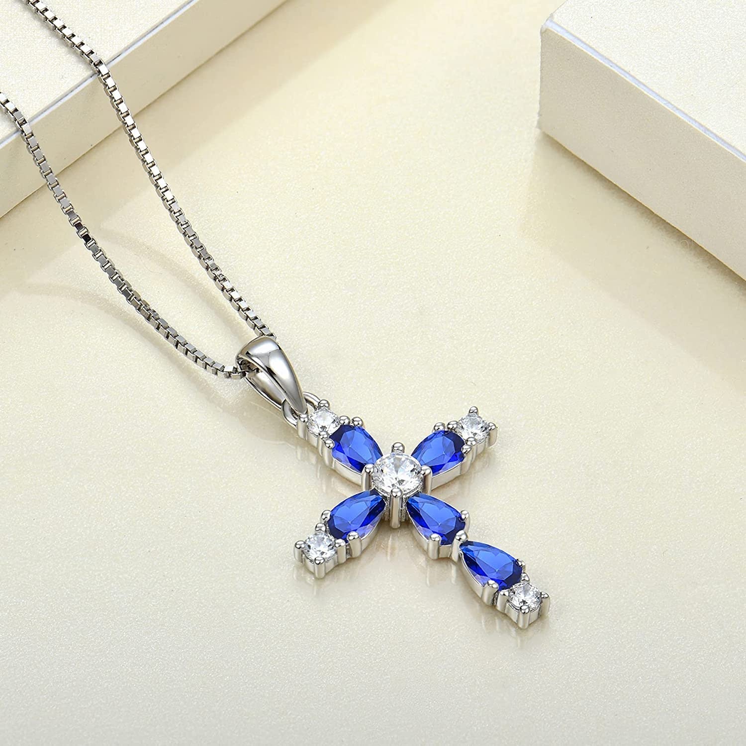 YL Gemstone Cross Necklace 925 Sterling Silver Created Sapphire/Ruby/Emerald/Ame