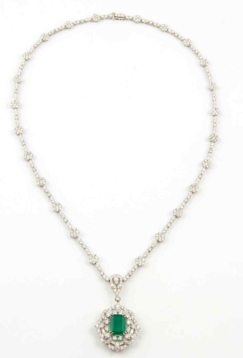 Green Emerald Diamond White Gold Pendant Necklace