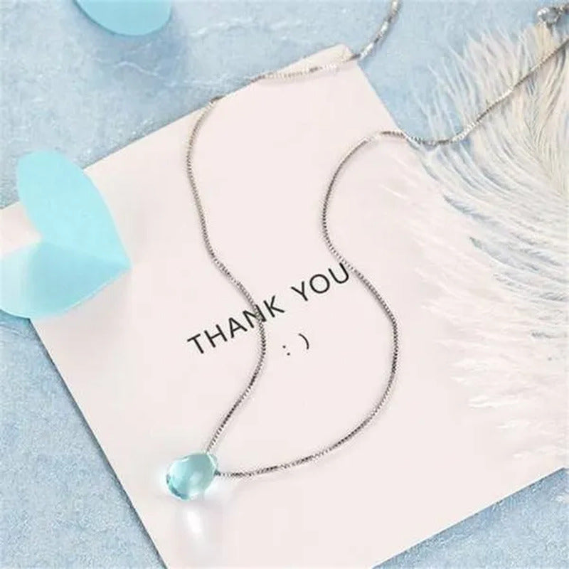 Simple Blue Crystal Teadrop Pendant Clavicle Chain Necklace Womens Jewellery