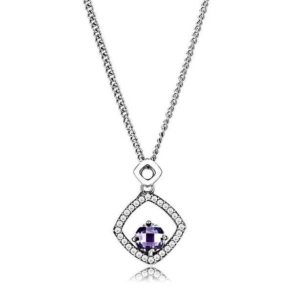 Women High Polished Stainless Steel Chain Pendant with AAA Grade CZ in Amethyst