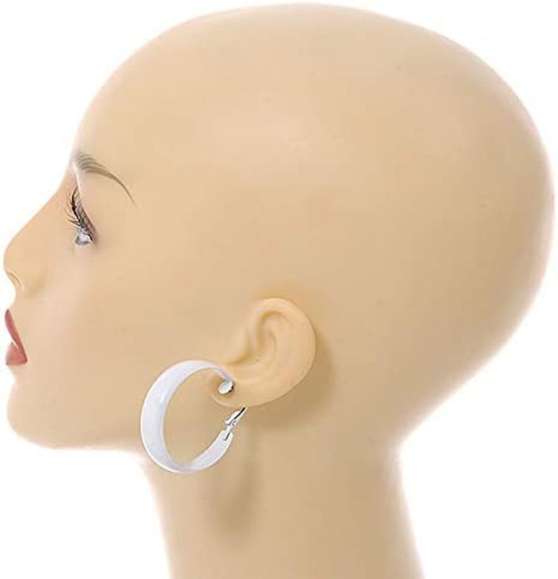 Wide Medium White Enamel Hoop Earrings - 40Mm Diameter