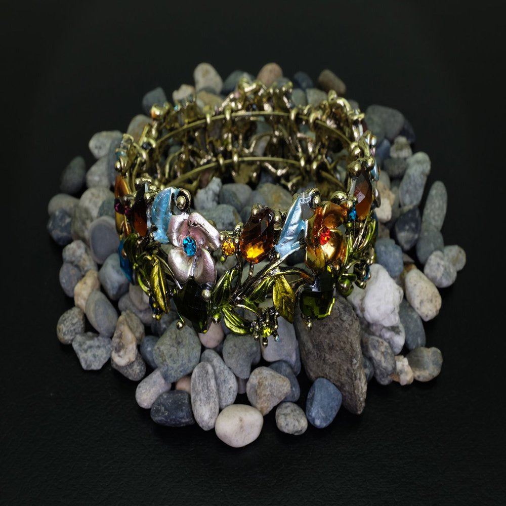 Vintage Flower Bracelet Bangle Crystal Beads Hand-Painted Antique Gold - Multi