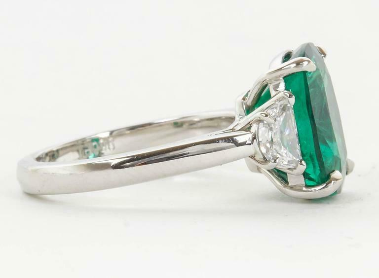 Fine 4.21 Carat GIA Cert Minor Oil Emerald Diamond Platinum Ring