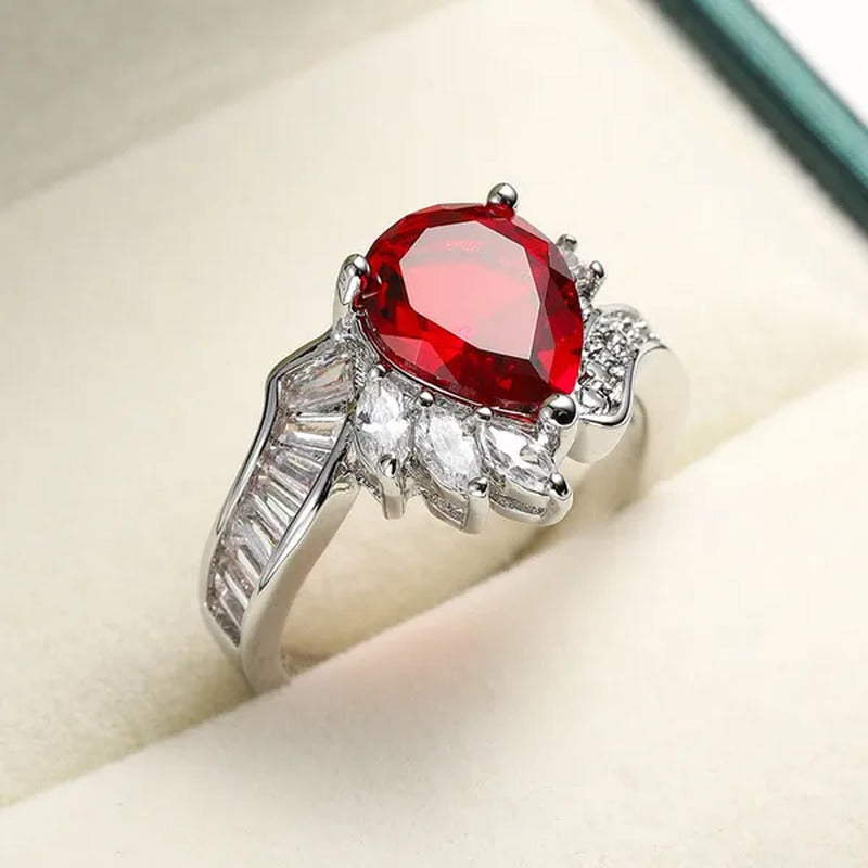 New 925 Sterling Silver Fashion Natural Ruby Angel Teardrop Diamond Ring Engagem