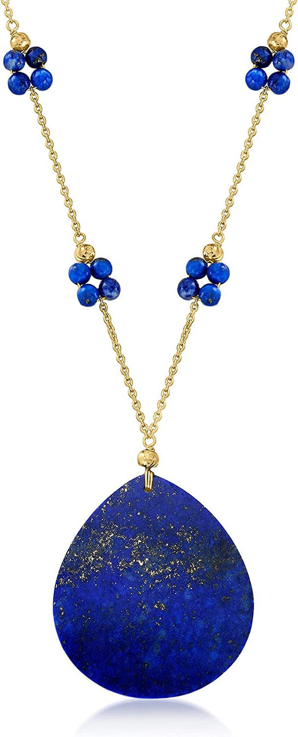 Lapis Teardrop and Station Pendant Necklace in 18Kt Gold over Sterling