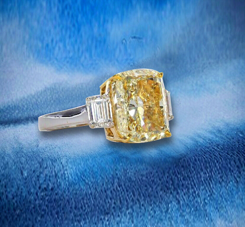 GIA GEMOLOGIST FANCY YELLOW CUSHION SET 2 SIDE EMERALD DIAMOND ENGAGEMENT RING