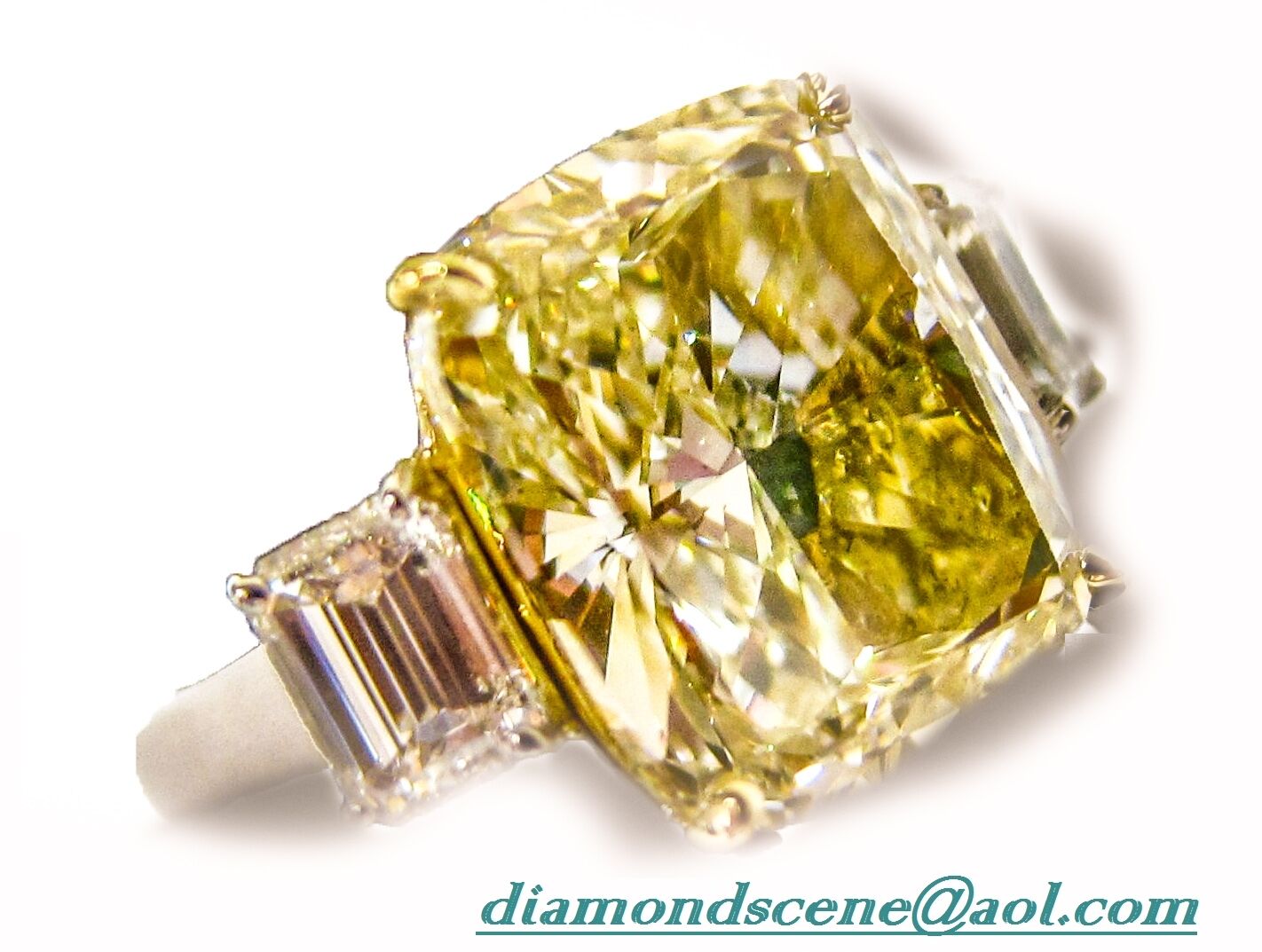 GIA GEMOLOGIST FANCY YELLOW CUSHION SET 2 SIDE EMERALD DIAMOND ENGAGEMENT RING