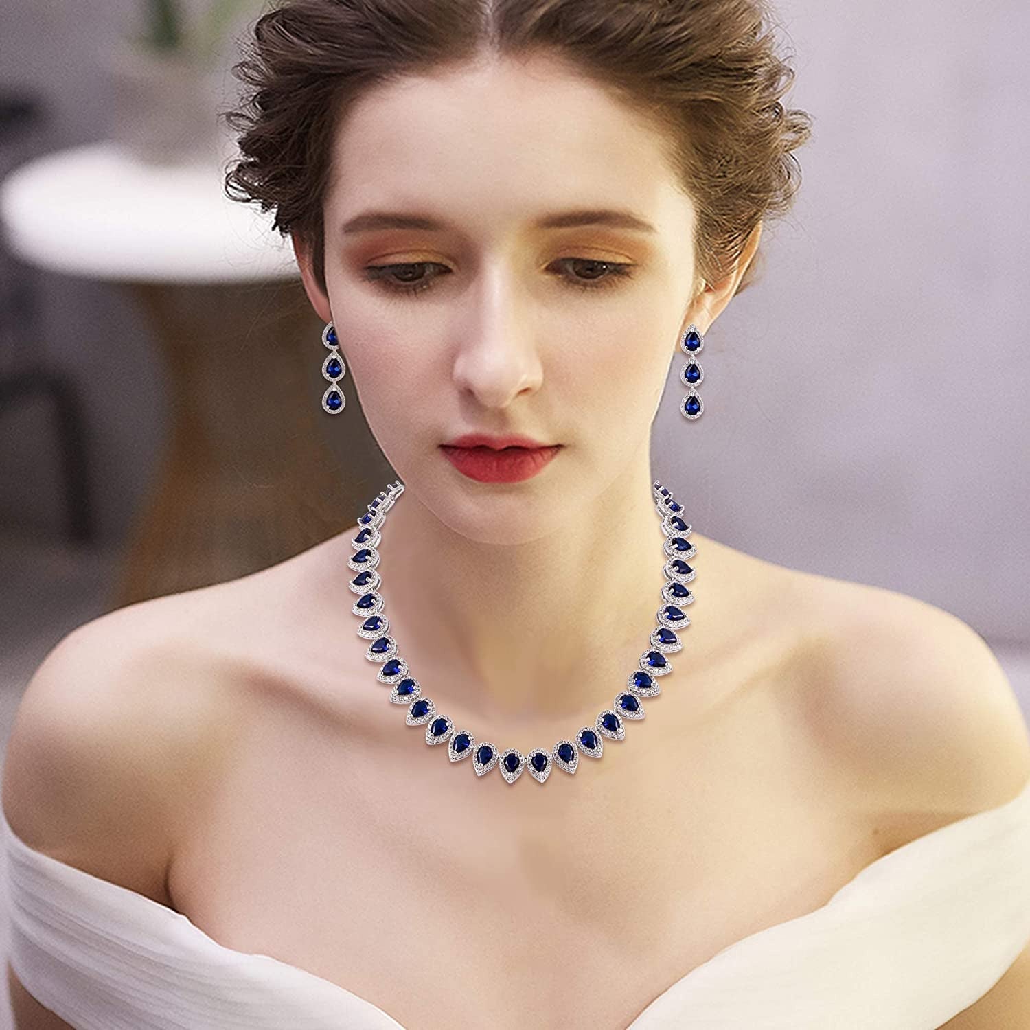 Women'S Silver-Tone Full Prong Cubic Zirconia Teardrop Bridal Necklace Earrings