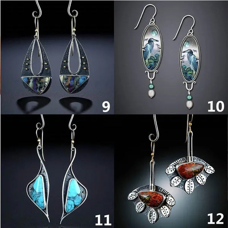 1 Pair Antique 925 Sterling Silver Pendant Earrings Natural Gemstone Inlay Dangl