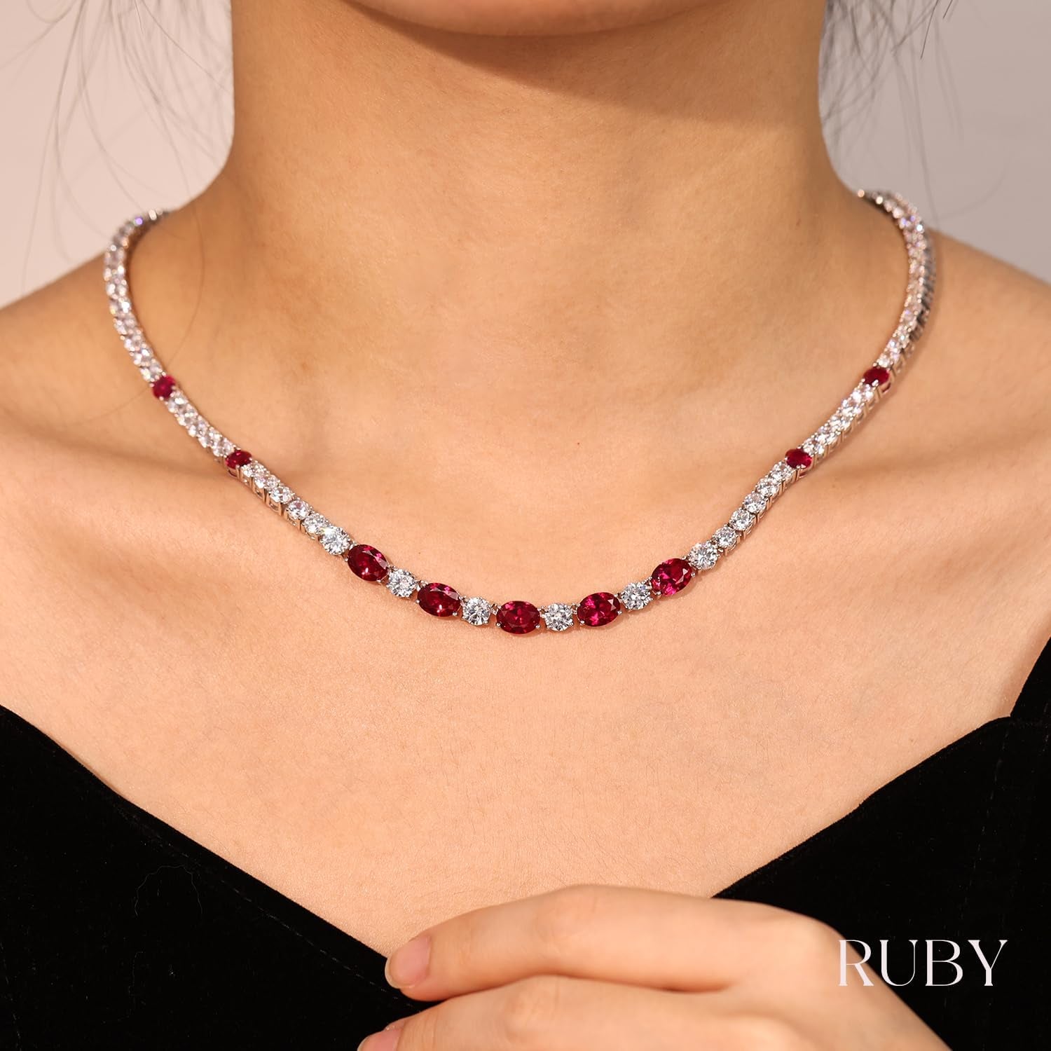 Sterling Silver Tennis Necklace 4Mm 18 Inch Birthstone Necklace with 6 * 8Mm Oval Gemstone Luxury Fine Birthday Jewelry Gifts for Women