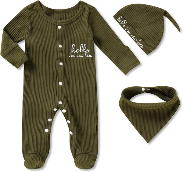 Newborn Infant Baby Boy Coming Homing Clothes Letter Print Button Knit Footed Romper Jumpsuit Hat Bibs 3Pcs Outfit
