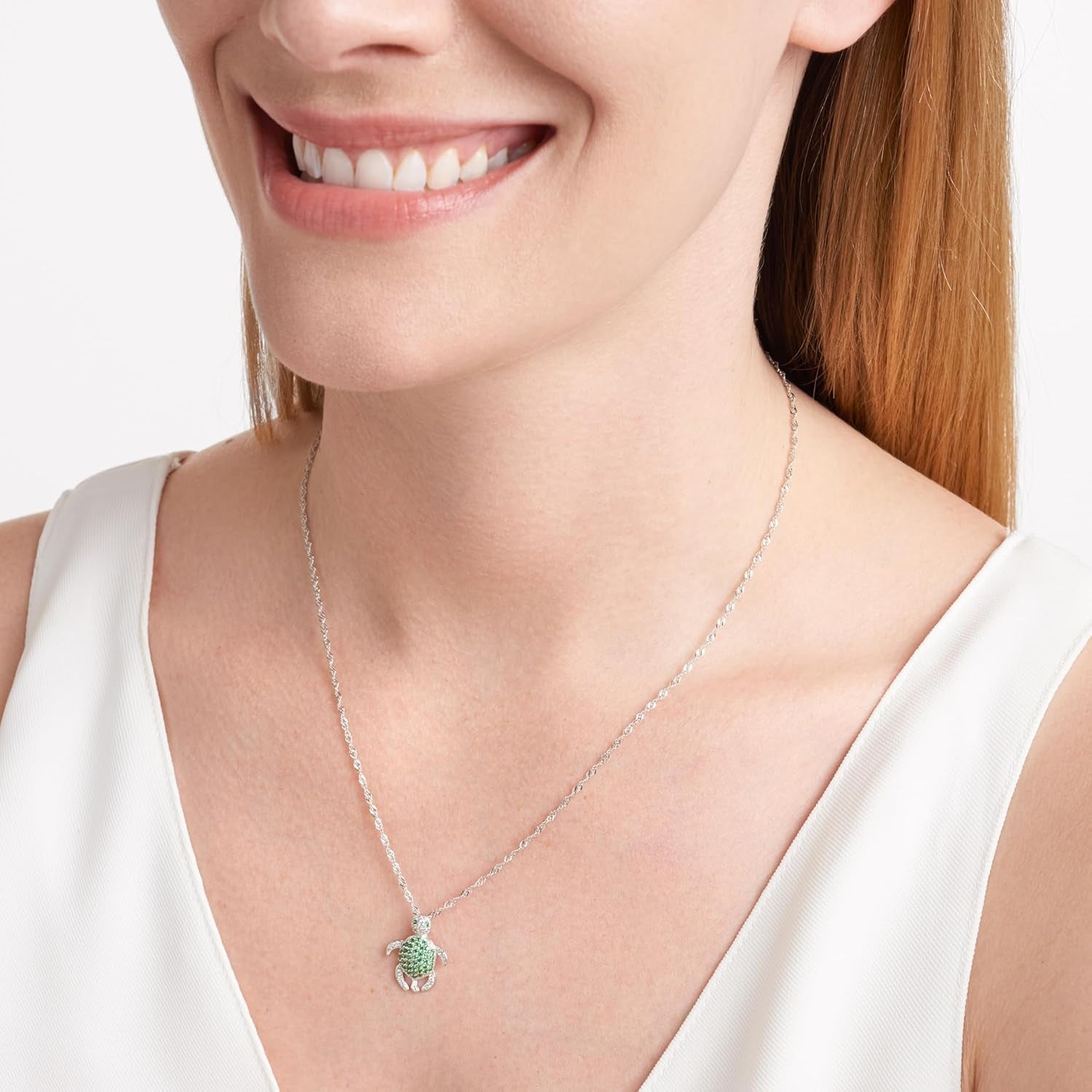Rhodium Plated 925 Sterling Silver White and Green Cubic Zirconia Turtle Pendant Necklace, 18 Inches Cable Chain