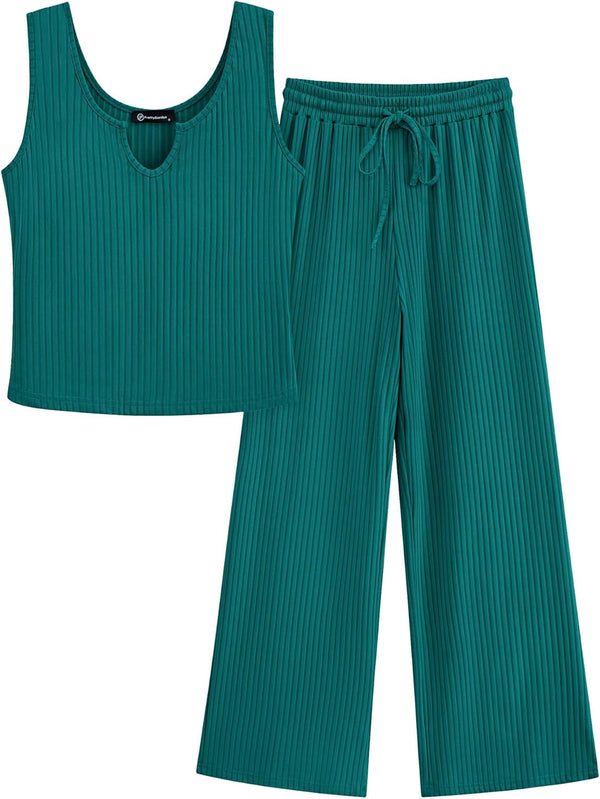 Women'S Summer Casual Two Piece Outfits Sweatsuits Tank Scoop Neck Ribbed Knit Long Pants Tracksuits
