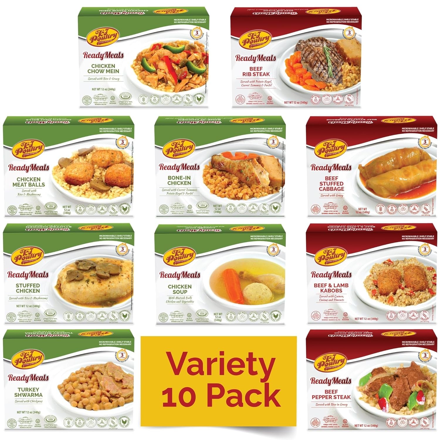 Kosher Ready Meals - (10 Pack Variety - Beef, Chicken & Turkey) Prepared Entree Fully Cooked, Shelf Stable Microwave Dinner Travel Military Camping Emergency Survival Protein
