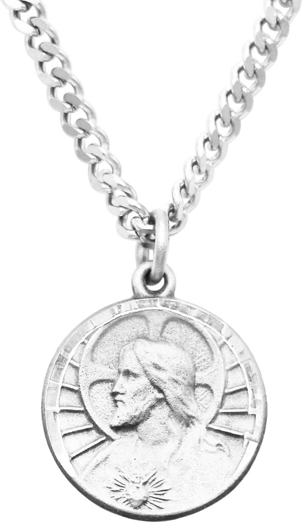 Peitite Scapular Medal Sacred Heart of Jesus Pewter Pendant Necklace, 24"