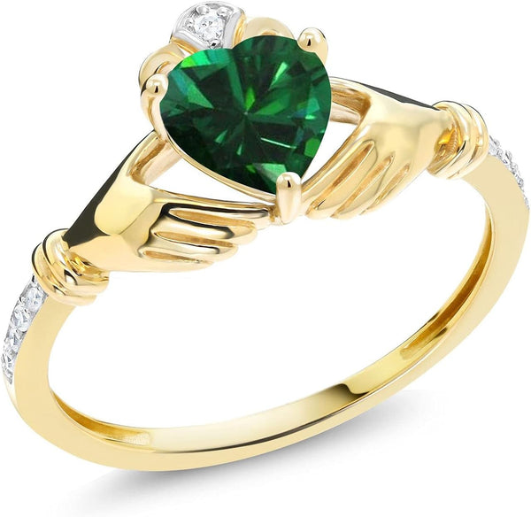 10K Yellow Gold 6MM Heart Shape Gemstone Birthstone and White Diamond Irish Celtic Claddagh Engagement Ring | Gold Ring for Women | Available in Size 5, 6, 7, 8, 9