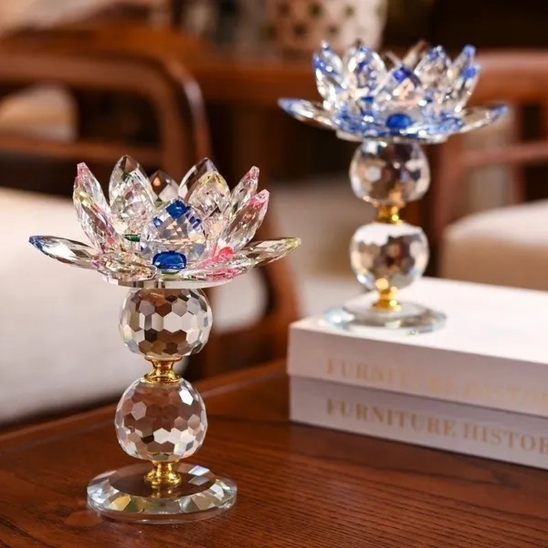 Crystal Glass Lotus  Candle Tea Light Holder Buddhist Candlestick Home Decoration