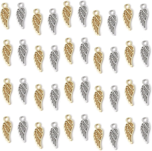 Angel Wings Pendant Charm - 40 Pack of 20 Silver / 20 Gold Toned DIY Jewelry Making Supplies; Small 7/8 Inch for Bracelet, Necklace, Earrings or Arts and Crafts