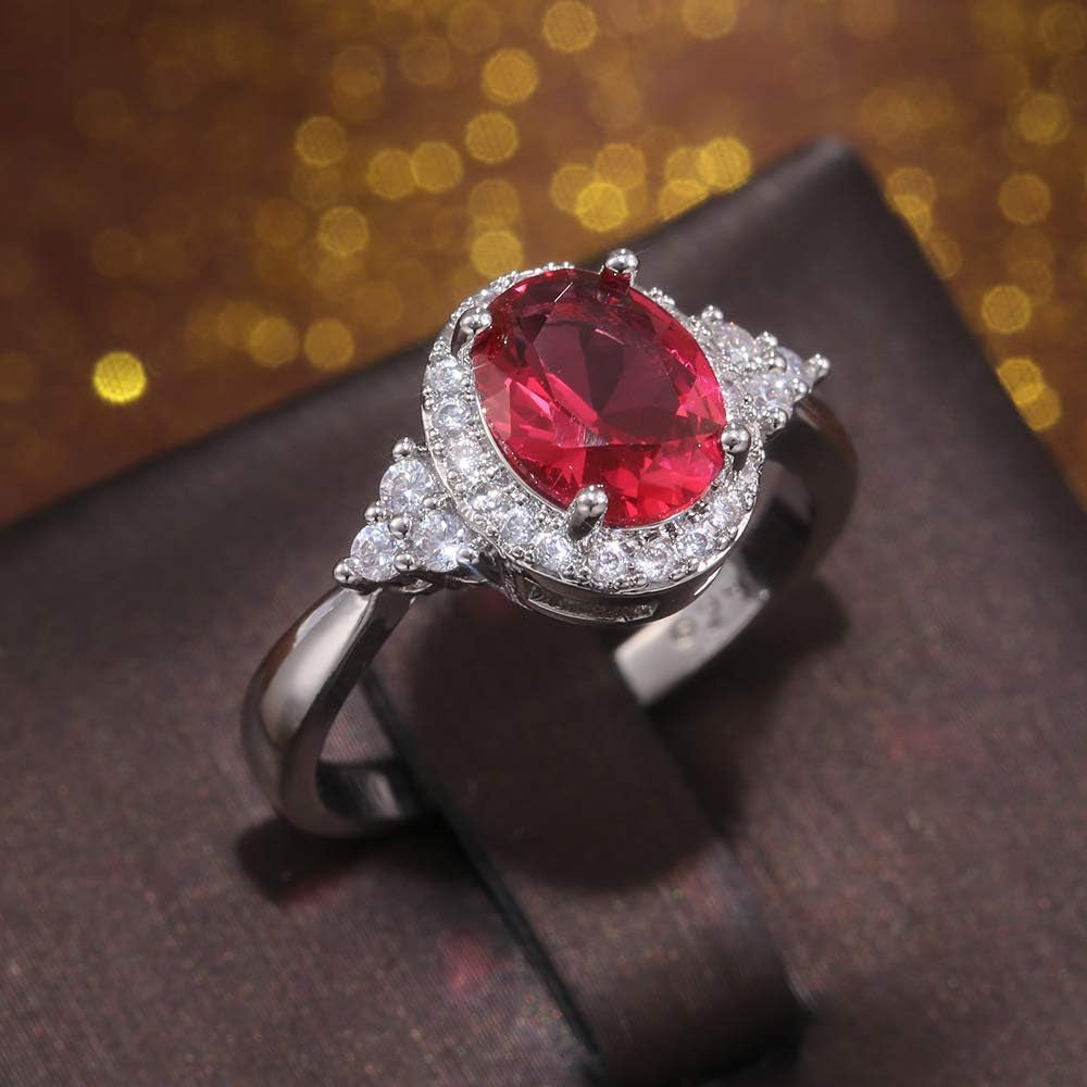 Oval Cut Ruby Diamond Cluster Solitaire Ring Delicate Engagement Rings 14K Gold Plated 925 Sterling Silver Gemstone Ring Natural Ruby Ring for Women Size 8