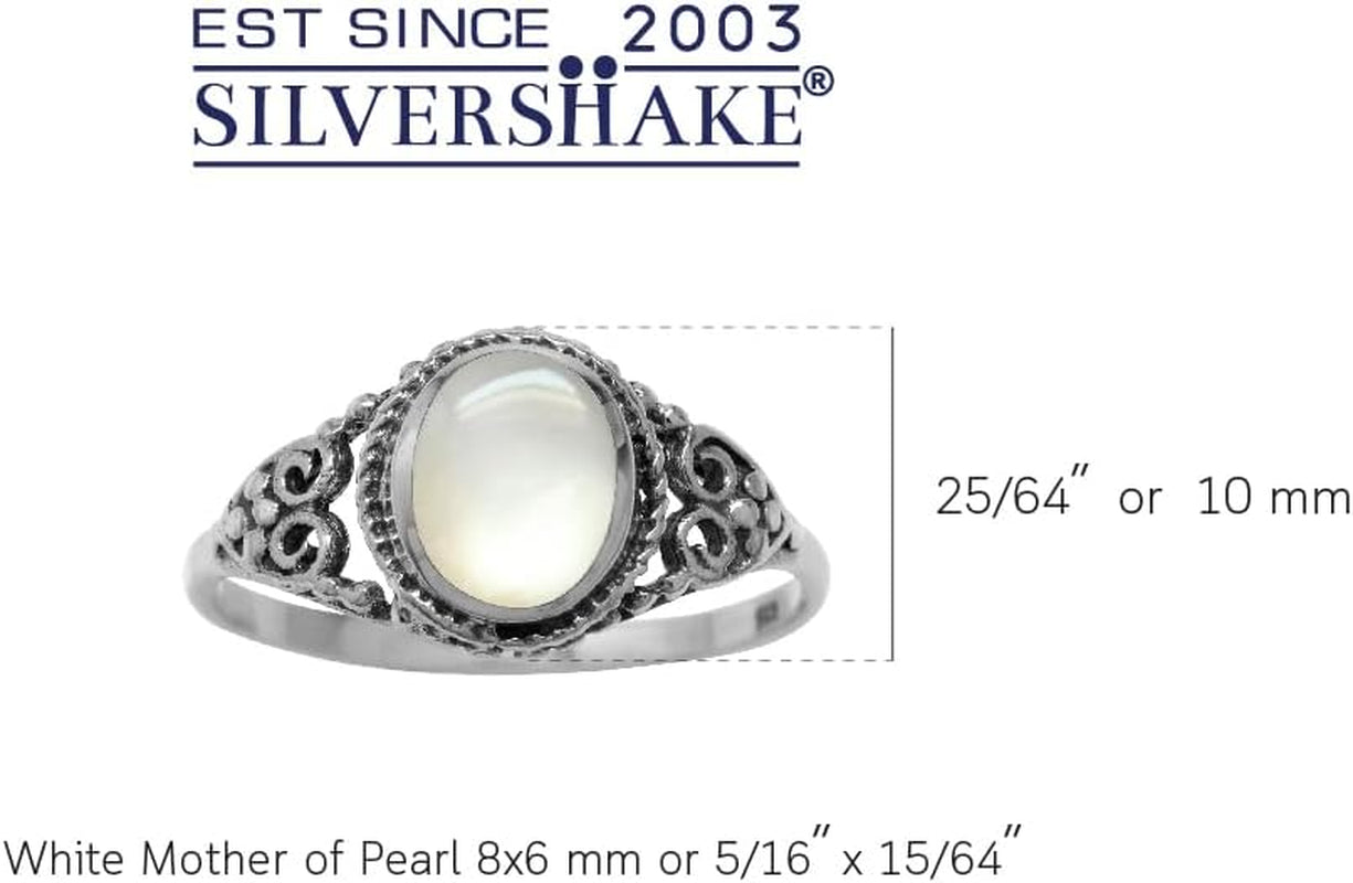 White Mother of Pearl Inlay 925 Sterling Silver Filigree Victorian Style Ring Size 7