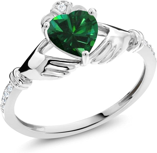 10K White Gold 6MM Heart Shape Gemstone Birthstone and White Diamond Irish Celtic Claddagh Engagement Ring | Gold Ring for Women | Available in Size 5, 6, 7, 8, 9