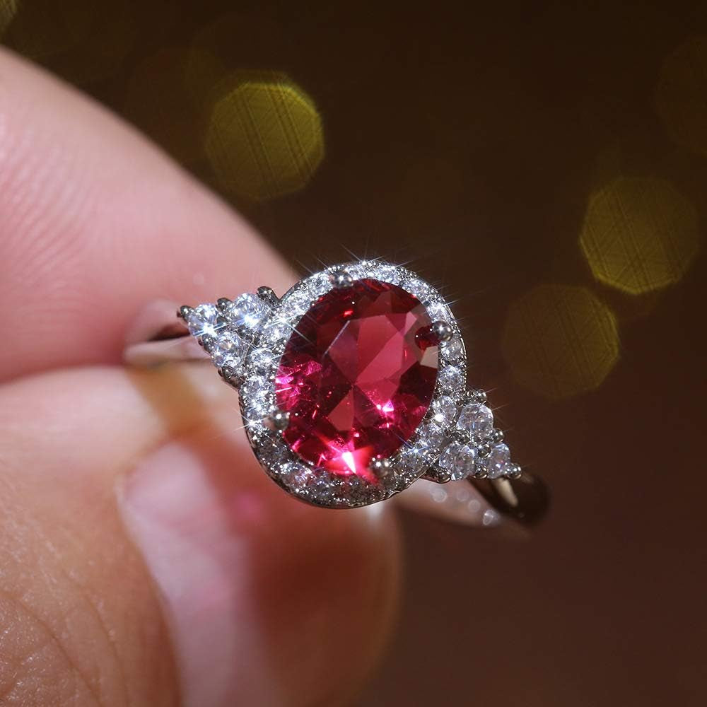 Oval Cut Ruby Diamond Cluster Solitaire Ring Delicate Engagement Rings 14K Gold Plated 925 Sterling Silver Gemstone Ring Natural Ruby Ring for Women Size 8