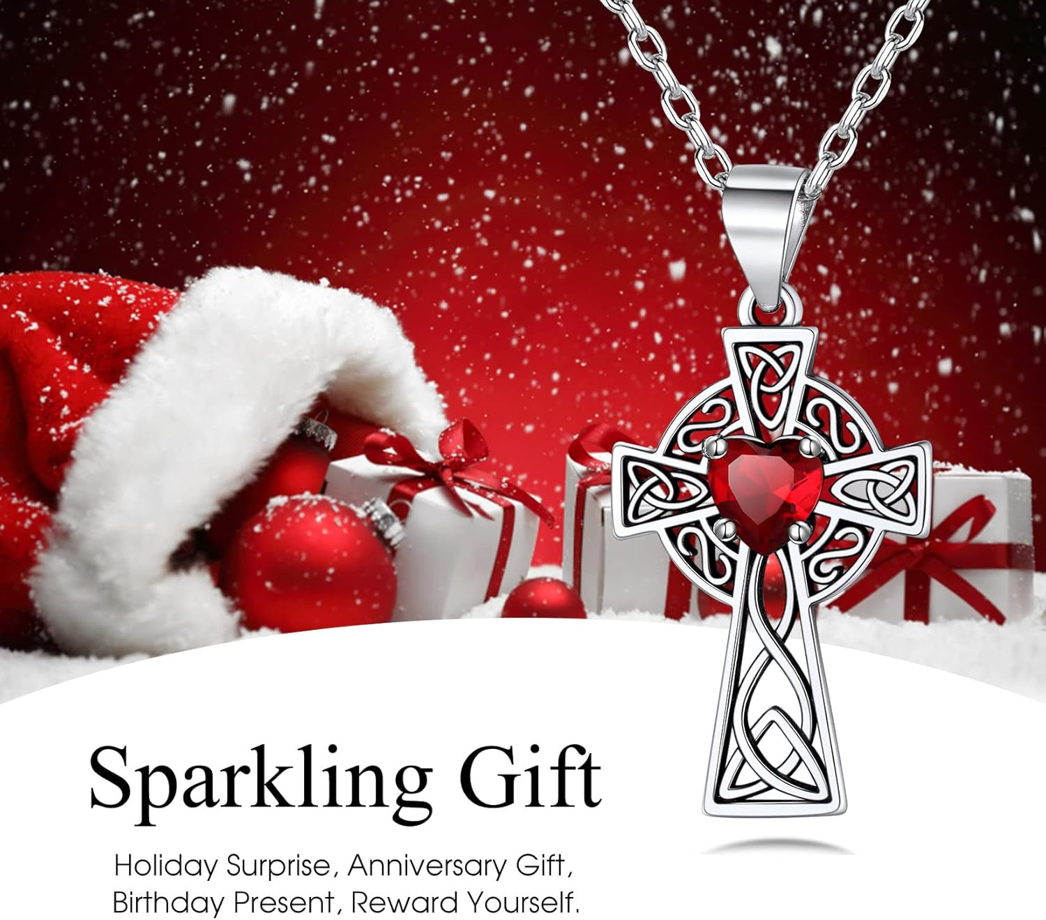 Silver Celtic Cross Necklace with 12 Month Heart Birthstone, Dainty Celtic Birthstone Necklace Silver Chain for Women Faith Irish Amulet Lucky Birthstone Jewelry