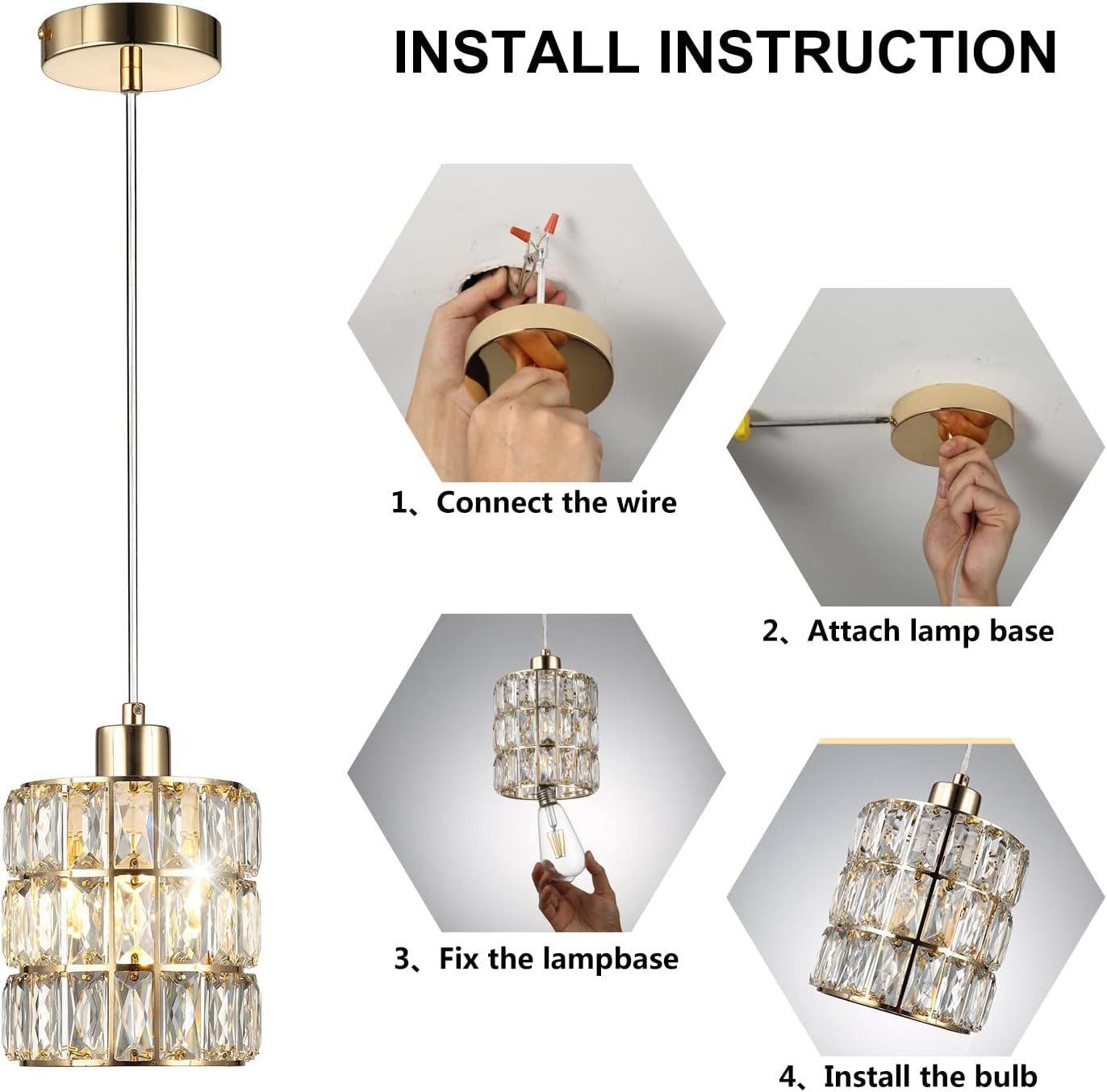 Gold Crystal Pendant Light, Pendant Lights Kitchen Island 3 Pack, Adjustable Modern Pendant Light, Hanging Light Fixtures for Dining Room Entryway Living Room Bar