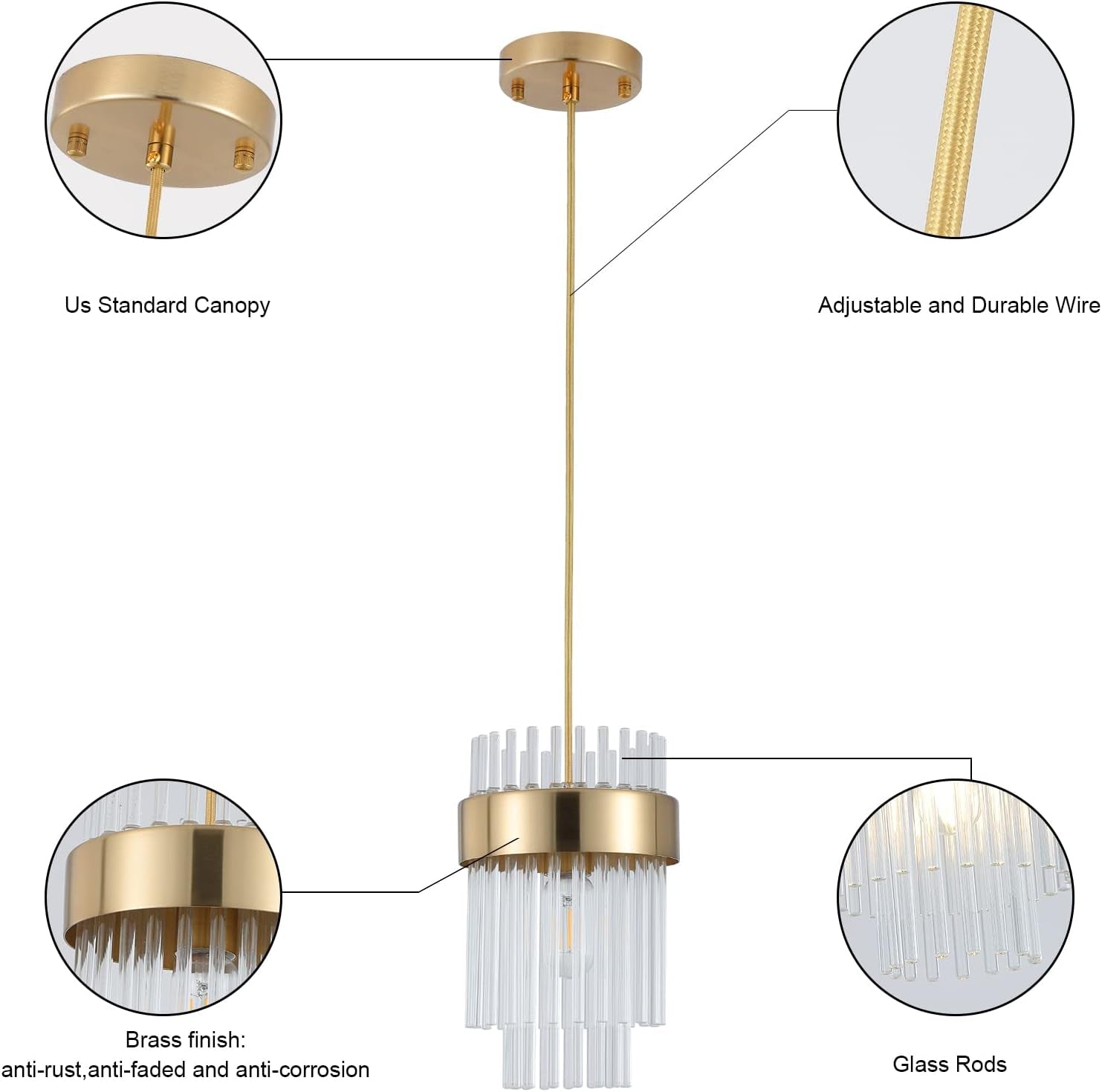Gold Pendant Lights Kitchen Island,1-Light Crystal Pendant Light Fixtures over Island,Modern Brass Mini Chandelier for Dining Room, Adjustable Cord Hanging Lights for Bedroom,Bar,Sink,Entryway