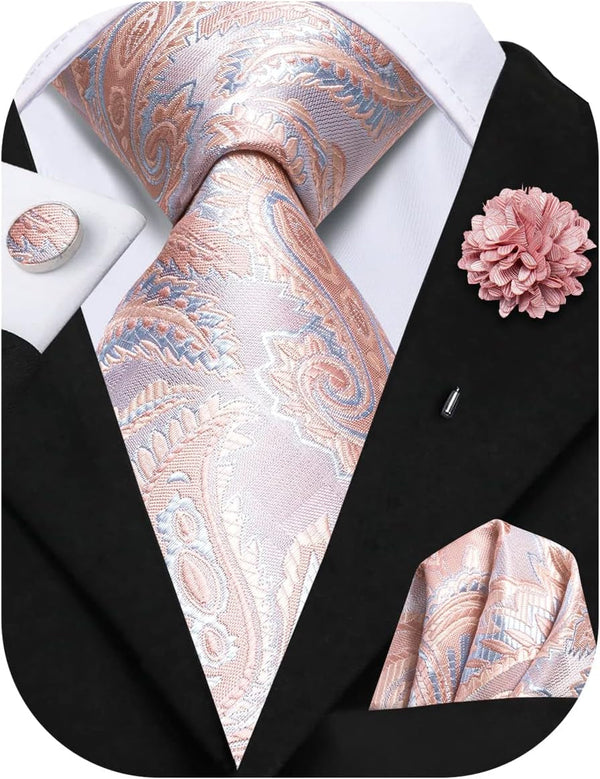 Mens Tie Set Silk Striped Woven Necktie with Lapel Pin Pocket Square Cufflinks Set for Wedding Party