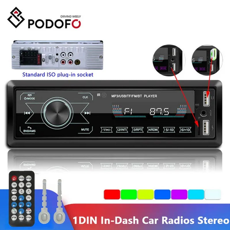 Podofo Autoradio 12V 1Din Car Radio Bluetooth Car Stereo In-Dash Car Audio Phone AUX-IN Fm/Usb/Radio Remote Control MP3 Player