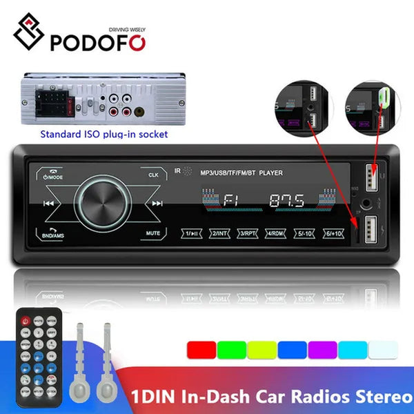 Podofo Autoradio 12V 1Din Car Radio Bluetooth Car Stereo In-Dash Car Audio Phone AUX-IN Fm/Usb/Radio Remote Control MP3 Player