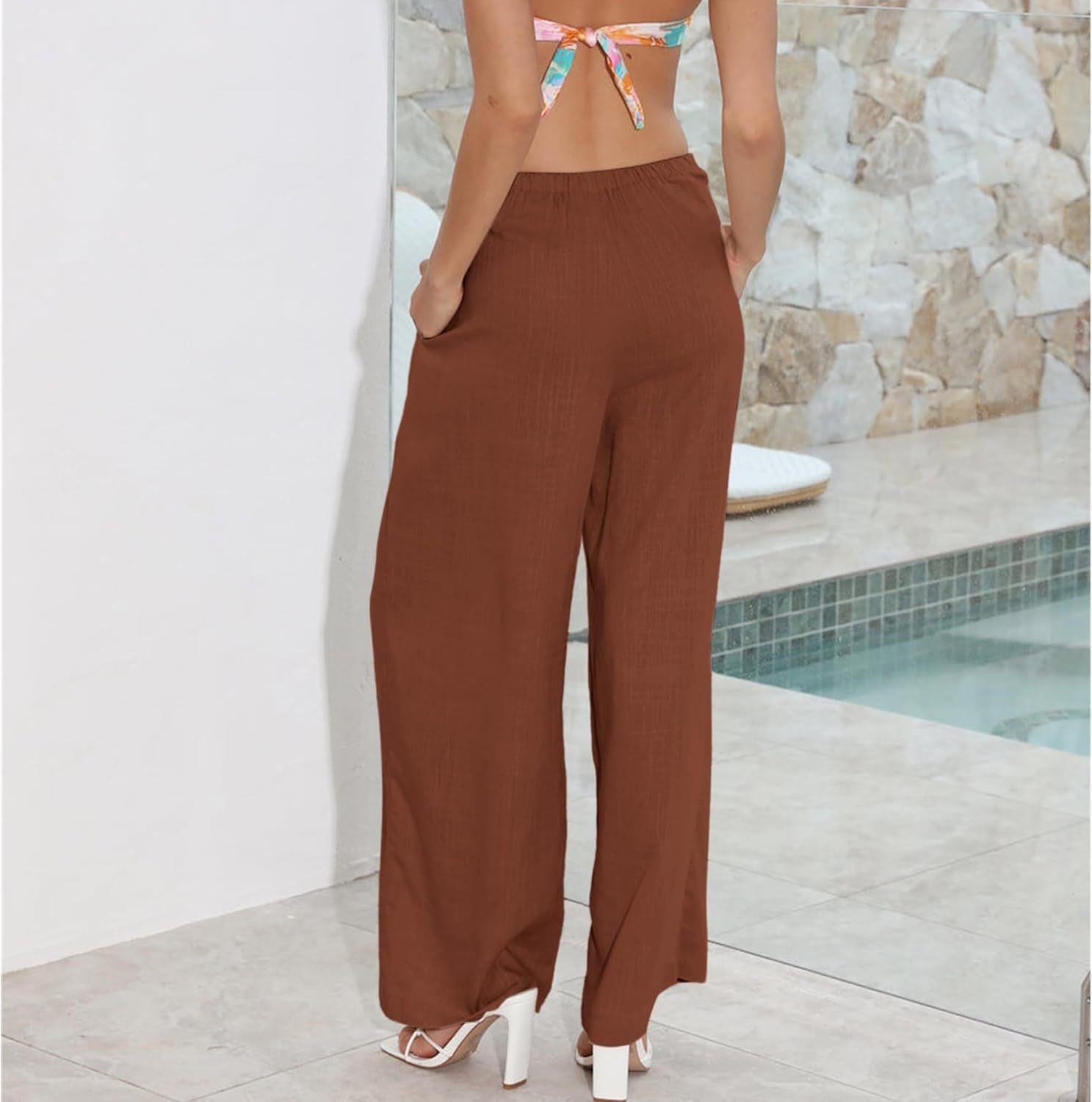 Womens Cotton Linen Palazzo Pants Drawstring Elastic Waist Casual Wide Leg Trousers with Pockets