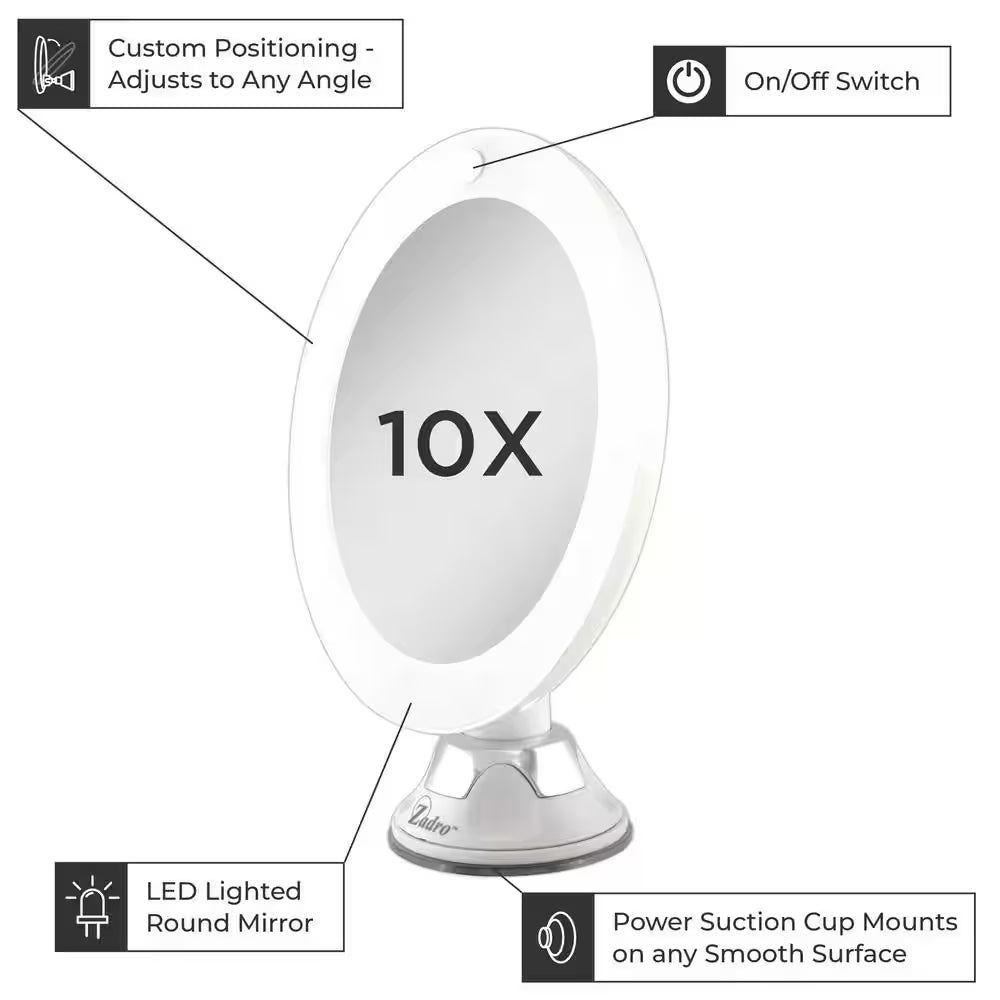 7.75 In. L X 6.5 In. W LED Lighted round Suction Cup Wall Mount 10X Magnification Beauty Makeup Mirror in White