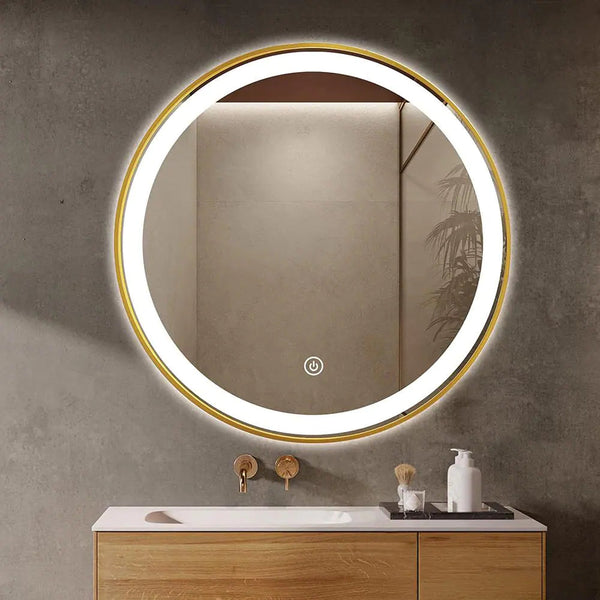 30 In. W X 30 In. H round Aluminum Framed LED Light with 3-Color and Anti-Fog Wall Mount Bathroom Vanity Mirror in Gold