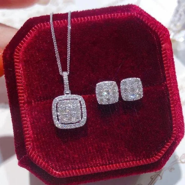 Necklace Earring Jewelry 925 Silver Micro Pave Diamond Square Pendant Necklace for Women Bridal Wedding Clavicle Necklace